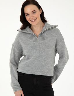 Gri Melanj Comfort Fit Fermuarl_ Kazak