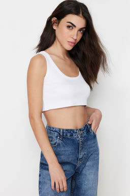 Beyaz Ask?l? Crop Fitilli Esnek Orme Atlet TWOSS24AL00023