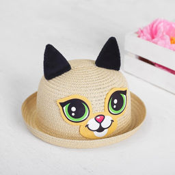 Панама детская соломенная для девочки «Котик», с ушками, р-р 52-54, 2-6 лет