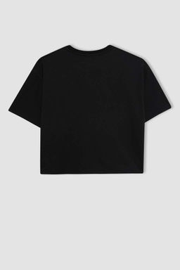 Черная женская базовая футболка с круглым вырезом и короткими рукавами, свободный крой - Defacto фото 9