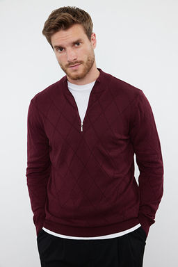 Bordo Regular Fit Pamuklu Yar_m Bal_k__ Fermuarl_ Yaka Smart Triko Kazak TMNAW23KZ00215