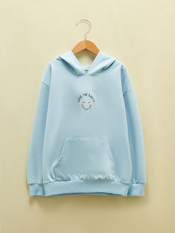 Kap??onlu Bask?l? Uzun Kollu K?z ?ocuk Sweatshirt
