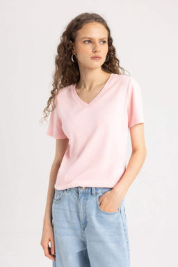 Slim Fit Dar Kesim V Yaka Ribana Basic Duz %100 Pamuk K?sa Kollu Tisort - Defacto фото 6