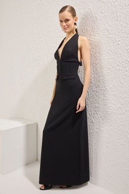 TRENDYOLMILLA Siyah V Yaka Biyeli Dokuma Uzun S?k Abiye & Mezuniyet Elbise TPRSS25AE00136  фото 3