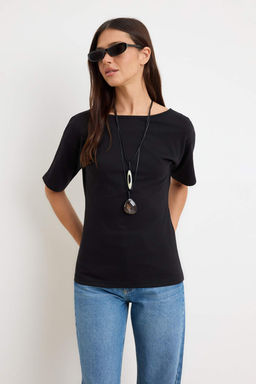 Siyah Duz Regular Kay?k Yaka Dusuk Kol K?sa Uzun %100 Pamuk Orme T-Shirt TWOSS26TS00247 - Trendyolmilla фото 2
