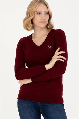 Женский бордовый базовый свитер с v-образным вырезом Неожиданная скидка в корзине - U.s. polo assn фото 3