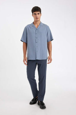 Рубашка с короткими рукавами и жатым воротником-поло Relax Fit - Defacto фото 2