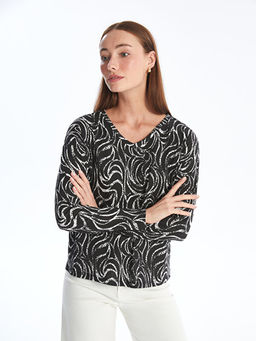 V Yaka Desenli Uzun Kollu Kad?n Bluz