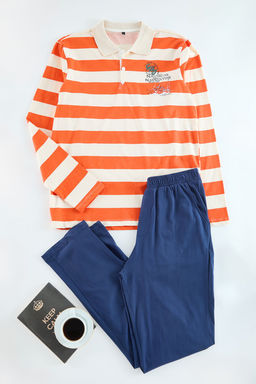 Turuncu- Ekru Cizgili Polo Yaka Regular Fit Orme %100 Pamuklu Pijama Tak?m? TMNAW25PT00019