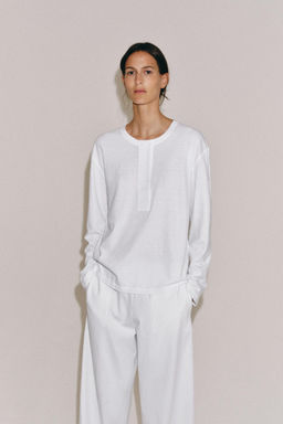 CAMISETA CUELLO PANADERO CON LINO / Blanco