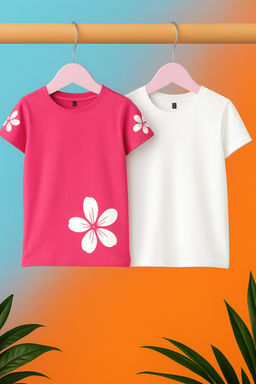 Fusya-Ekru 2li K?z Cocuk %100 Pamuk Cicekli K?sa Kol Orme T-Shirt TKDSS25TS00109