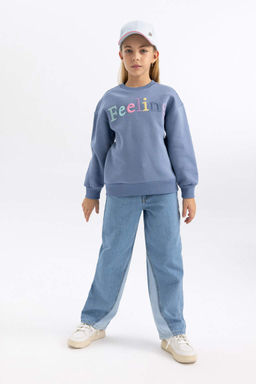 Мягкий толстый толстый свитшот с круглым вырезом и принтом для девочек - Defacto фото 2