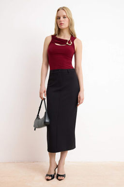 Bordo Fitted/Vucuda Oturan Havuz Yaka Kolsuz Aksesuar Detayl? Esnek Orme Bluz TWOSS26BZ00472