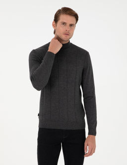 Antrasit Melanj Slim Fit Yar_m Bal_k__ Yaka Triko Kazak