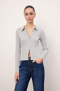 Gri Melanj Fitted/Vucuda Oturan Polo Yaka Dugmeli Pamuk Ribana Orme Bluz TWOSS26BZ00066 - Trendyolmilla фото 6