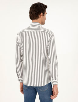 Gri Slim Fit _izgili Pamuk G_mlek