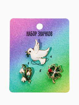 Броши "Голубь, клевер, подснежник" (набор 3шт), цветной в золоте