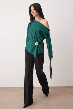 Ordek Bas? Yesili Aksesuar Detayl? Dusuk Omuz Dokuma Bluz TWOAW26BZ00280