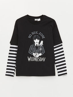 Bisiklet Yaka Wednesday Bask?l? Uzun Kollu K?z ?ocuk Ti??rt