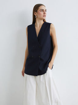 Kruvaze Yaka ?izgili Kad?n Klasik Yelek