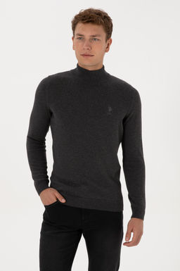 Erkek Slim Fit Yar_m Bo_azl_ Antrasit Melanj Basic Kazak
