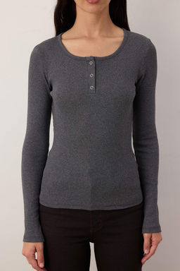 Antrasit C?tc?tl? Fitted/Vucuda Oturan Fitilli Esnek Orme Bluz TWOAW25BZ00080