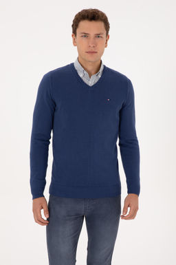 Erkek Slim Fit V Yaka _ndigo Basic Kazak