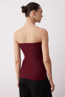 Bordo Ottoman Straplez Dugme Detayl? Vucuda Oturan Esnek Crop Orme Bluz TWOSS25BZ00589
