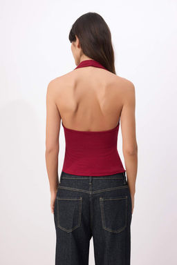 Bordo Fitted/Vucuda Oturan Boyundan Baglamal? Kolsuz Yumusak Orme Bluz TWOSS26BZ00625