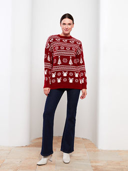 Bisiklet Yaka Y?lba?? Temal? Uzun Kollu Kad?n Triko Kazak