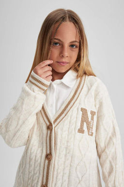 Трикотажный кардиган для школы и колледжа для девочек с v-образным вырезом - Defacto фото 7