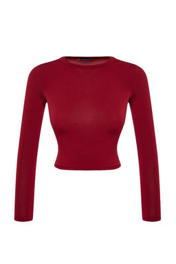 Bordo Dik Yaka Fitted/Vucuda Oturan Uzun Kol Buzgulu Esnek Orme Bluz TWOAW23EL01391