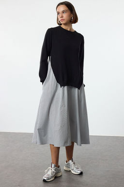 TRENDYOLMILLA Siyah Cizgili Triko Garnili Duz Kesim Midi Dokuma Elbise TWOAW25EL00359 фото 8