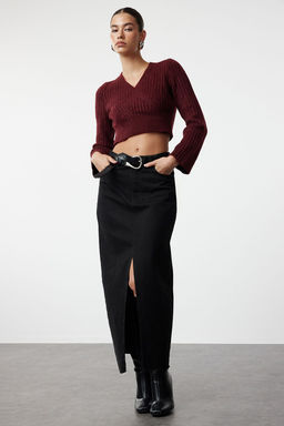Bordo Crop Yumusak Dokulu Kruvaze Triko Kazak TWOAW24KZ00381