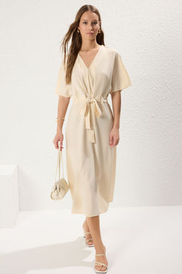 TRENDYOLMILLA Turuncu Baglama Detayl? A Kesim V Yaka Midi Dokuma Elbise TWOSS23EL01543  фото 34