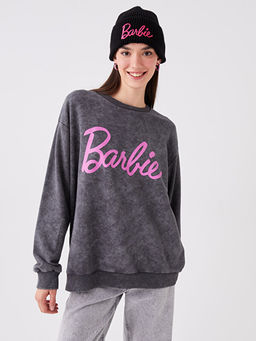 Bisiklet Yaka Barbie Bask?l? Uzun Kollu Oversize Kad?n Sweatshirt