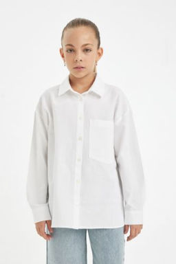 K?z Cocuk Oversize Genis Kal?p Poplin Uzun Kollu Beyaz Okul Gomlegi