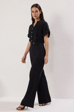 TRENDYOLMILLA Siyah Hakim Yaka Krep Uzun Dokuma Tulum TWOSS25TU00031  фото 3