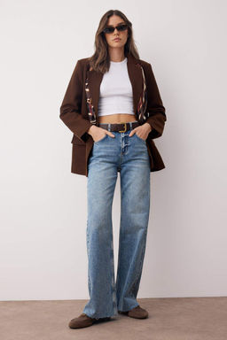 Mavi Yuksek Bel Pacas? Kesikli Az Esnek Wide Leg/Genis Paca Jeans TWOAW26JE00081