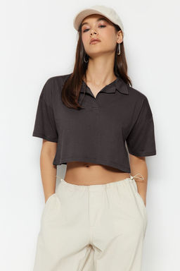 Antrasit %100 Kal?n Pamuklu Relaxed/Rahat Kal?p Crop Polo Yaka Orme T-Shirt TWOSS22TS0241