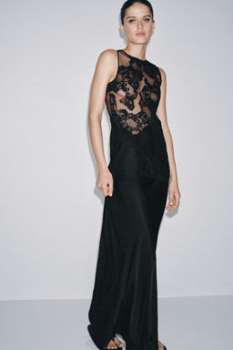 VESTIDO LARGO COMBINADO MESH ENCAJE / Negro