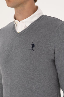 Erkek Slim Fit V Yaka Gri Melanj Basic Kazak