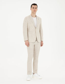 Bej Slim Fit Keten Kar___ml_ _izgili Tak_m Elbise