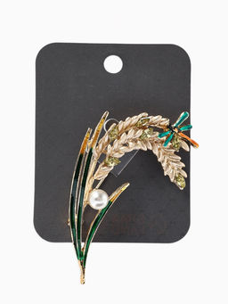 Брошь «Колосья» пшеницы, жемчуг, цветная в золоте