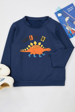 Indigo Erkek Cocuk Mevsimlik-Ince Dinozor Desenli Bisiklet Yaka Orme Sweatshirt TKDAW25SW00005