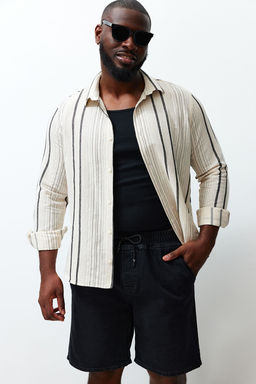 Siyah Regular Fit Cizgili Etamin Buyuk Beden Keten Gorunumlu Gomlek TMNSS24AX00004