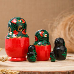 Матрёшка дерево «Хохлома», чёрный платок, красное платье, 5 кукольная, 10 см