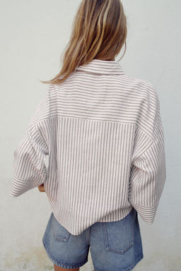 CAMISA RAYAS CON LINO / marron/blanco