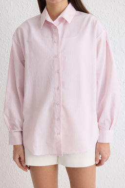 Ac?k Pembe Basic Cizgili Oversize Genis Kal?p Dokuma Gomlek TWOSS23GO00144