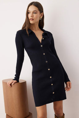Lacivert Duz K?sa / Mini Polo Yaka Fitted/Vucudu Saran A-line Triko Elbise TWOAW26EL00154 - Trendyolmilla фото 2